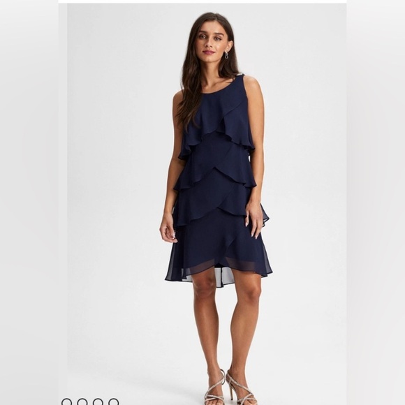SIGNATURE TESSA Sleeveless Layered Cocktail Dress Size 14W Navy Rhinestone Party - Picture 1 of 14